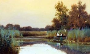* COLIN W BURNS (BORN1944, BRITISH) Signed Oil on Board “Fishing on the River Bure” 6 ½” x 10”