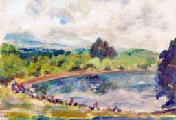 SIR EDWIN LANDSEER LUTYENS (1869-1944, BRITISH) Signed Oil on Board Landscape with Lake 8” x 11”