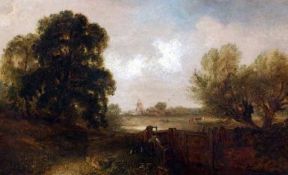 EDWARD ROBERT SMYTHE (1810-1899) Oil on Canvas East Anglian Landscape with Figure and Dog by a