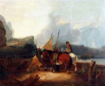 WILLIAM SHAYER (1811-1892, BRITISH) Initialled Oil on Canvas Coastal Scene with Fisherfolk 24” x 30”
