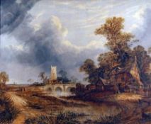 JOSEPH PAUL (1804-1887, BRITISH) Oil on Canvas River Landscape with Bridge, Cottage and Church 24” x