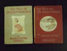 BEATRIX POTTER, 2 ttls: THE TALE OF MR JEREMY FISHER, 1906, 1st edn, 16 mo, orig red paper bds, pict