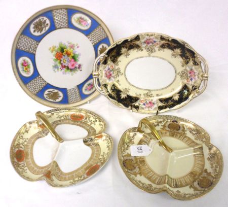 Two Noritake single-handled Hors D’Oeuvres Dishes, each gilded with panels of geometric foliage etc,