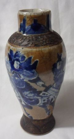 A Chinese Crackle Ware Baluster Vase, decorated in underglaze blue with warrior figures within