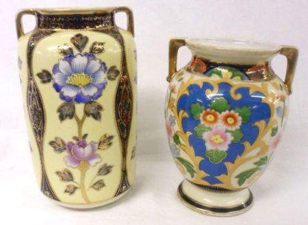 Two Noritake Baluster Vases, of two-handled circular form, one decorated with panels of foliage on