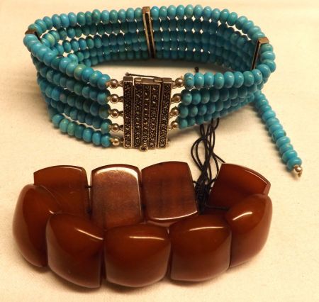 A Five Strand Turquoise Bead Bracelet with Marcasite mounted clasp (minor defect); together with