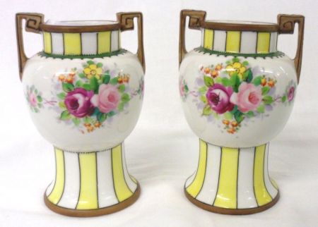 A pair of Noritake two-handled balustered Pedestal Vases, the bodies decorated with a line of