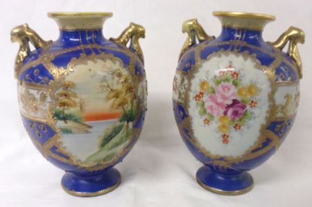 A pair of Noritake style (Nippon) two-handled Baluster Vases, each decorated in colours with