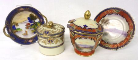 Two Noritake Covered Sugar Bowls with matching stands, one of octagonal form with slotted cover