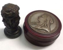 A Mixed Lot comprising: a composite Snuff Box set with Victorian Memorial Medallions, diameter 3”;