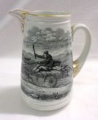 A Copeland “Going To The Derby” Jug, printed en grisaille with scene on a titled base with gilded