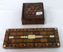 A vintage parquetry inlaid Cribbage Scoreboard; and a further Lidded Box inlaid with Tunbridge