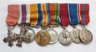 Group of eight Miniatures, OBE, MC, War Medal, Victory Medal, Defence Medal, Jubilee Medal 1935,