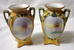 A pair of Noritake two-handled Baluster Vases of tapering shaped square form, painted in colours