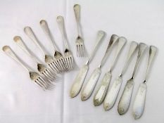 Six each Old English pattern Fish Knives and Forks, each with engraved blades and tines (12)