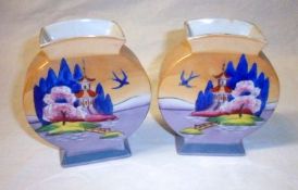 A pair of Noritake moon-shaped Baluster Vases, decorated in colours in the Oriental manner with a