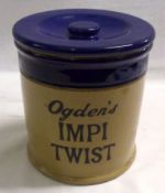 A Vintage Stoneware “Ogden’s Impi Twist” Covered Jar of circular form (hairline crack), 6 ¾” high