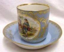 A European (possibly Meissen) Teacup and Saucer, painted in colours with an 18th Century scene of