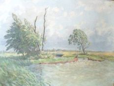 Alfred R Blundell, Signed Oil, Figures Fishing at a Weir, 15” x 19”