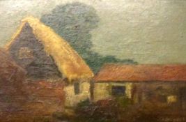 A R Blundell, Signed Small Oil on Board, Thatched Cottage and Barn surrounding a Farmstead, 5 ½” x