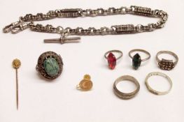 A Packet of Jewellery Items, includes six Rings, a Stick Pin, a Victorian white metal Fancy Link