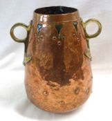 An Arts & Crafts period Copper and Brass mounted two-handled Vessel, of spreading circular form,