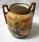 A Noritake two-handled Vase of cylindrical baluster form, painted in colours with river scene with