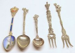 A Mixed Lot comprising:  A gilt white metal and enamelled Souvenir type Spoon, the bowl decorated