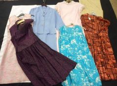 A collection of 1940s-60s Dresses to include a Blanes Grosgrain Purple Floral Fabric Dress; a