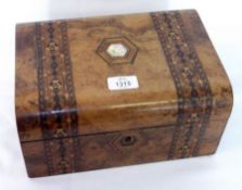 A Victorian Walnut Box, central mother-of-pearl nameplate and inlaid with parquetry bands, mainly