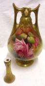 A Royal Worcester Blush two-handled Spill Vase, with gilded neck and the body painted in colours