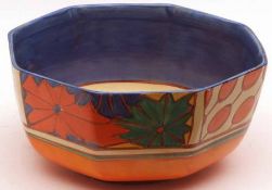 A Clarice Cliff Octagonal Bowl of slightly tapering form, decorated with the “Umbrellas and Rain”