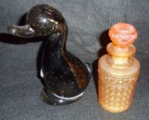 A Smoked Glass Paperweight, modelled as a duckling (possibly Caithness); and an Amber Glass small