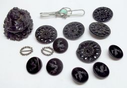 A Packet containing Jet Cameo Brooch of a lady (incomplete); together with five French Jet Buttons