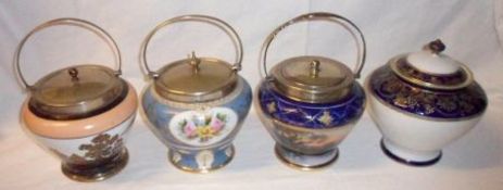 A collection of three Noritake Biscuit Barrels of circular form with silver-plated handles, covers