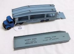 A Dinky Toys Pullmore Car Transporter No 982, in blue livery, raised on rubber tyres with blue