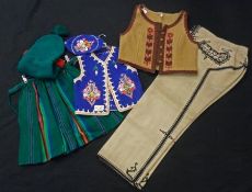 A small collection of various National Costume Pieces, to include two Embroidered Waistcoats; pair