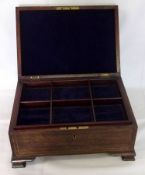 A Rosewood effect Mahogany Box, lid inlaid with brass stringing and fitted plush-lined sectioned