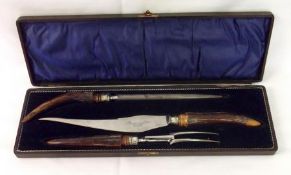 A late 19th Century morocco cased Three Piece Carving Set, comprising Carving Knife (blade very