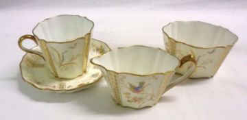 A Wedgwood part Tea Service, gilded and decorated in colours with birds and foliage on an off-