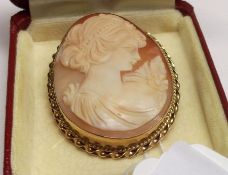 A hallmarked 9ct Gold Shell Cameo Brooch of a lady, rope twist edge, measuring approximately 60mm
