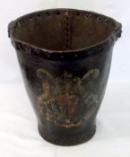 A Vintage Leather/Hide and Metal Strapwork Mounted Fire Bucket, decorated with the Royal Coat of