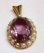 A Victorian Gold oval Amethyst and Seed Pearl surround Pendant, 30mm drop, approximately 18mm wide