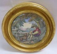 A Prattware Pot Lid “The Shepherd Boy”, fitted into a gilded socle, 4” diameter