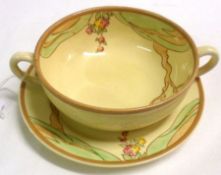 A Clarice Cliff “Chippendale” pattern two-handled Circular Soup Bowl on Stand, 6” diameter