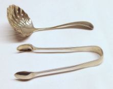 A Mixed Lot comprising: an Old English pattern Sifter Spoon; together with a pair of small Sugar