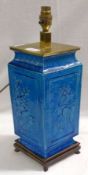 A 20th Century Oriental Blue Glaze Table Lamp, decorated in the Majolica manner with panels of