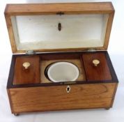 A Mahogany/Satinwood Rectangular Tea Caddy, with crossbanded and hatched strung top, the interior