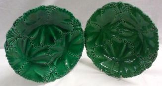 A pair of Copeland & Garrett Majolica Circular Green Glaze Plates, embossed with foliage, 9 ½”