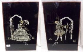 A pair of 20th Century Foil Backed On Glass Images of a Lady and Gentleman on a black background,